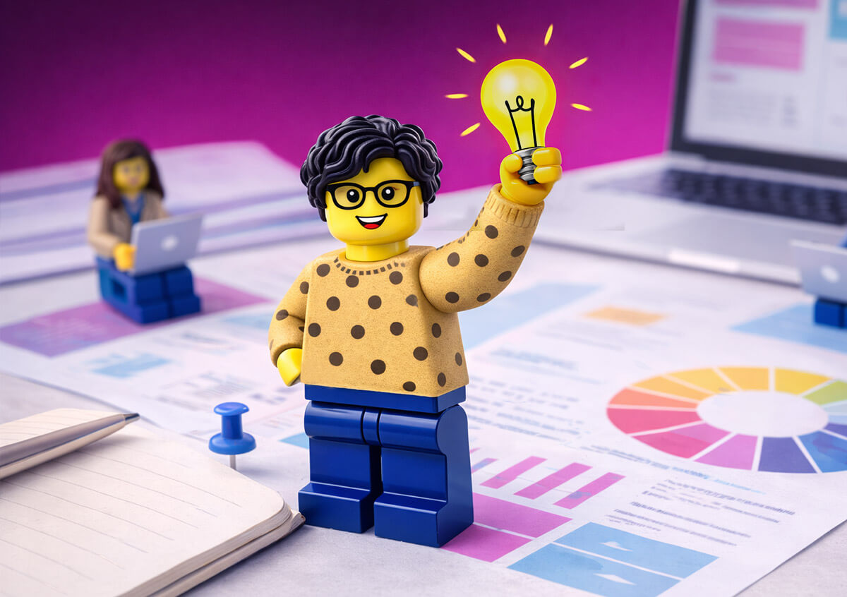 Diseñadora con bombila figura lego